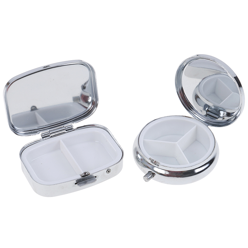 1Pc small metal round rectangular silver tablet pill box container medicine - Sp 1Pc small metal round rectangular silver tablet pill box container medicine - Sp