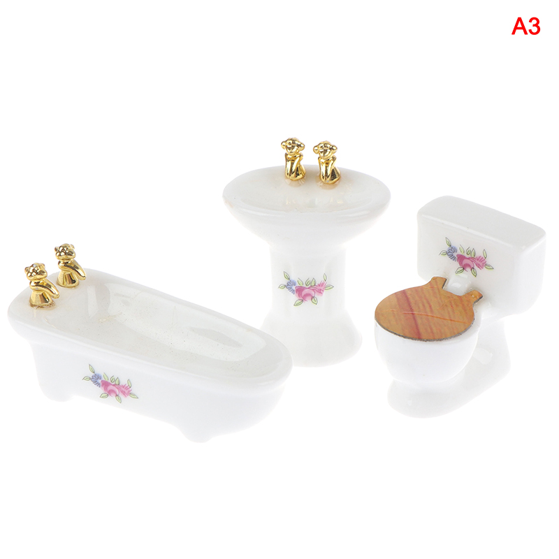 3Pcs 1:24 Dollhouse Miniature Bathroom Set Porcelain Bathtub Toilet Sink Gr-qk - Picture 14 of 15