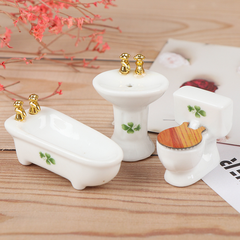 3Pcs 1:24 Dollhouse Miniature Bathroom Set Porcelain Bathtub Toilet Sink Gr-qk - Picture 11 of 15