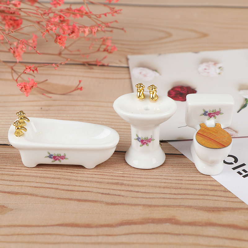 3Pcs 1:24 Dollhouse Miniature Bathroom Set Porcelain Bathtub Toilet Sink Gr-qk - Picture 10 of 15