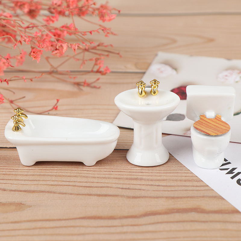 3Pcs 1:24 Dollhouse Miniature Bathroom Set Porcelain Bathtub Toilet Sink Gr-qk - Picture 9 of 15