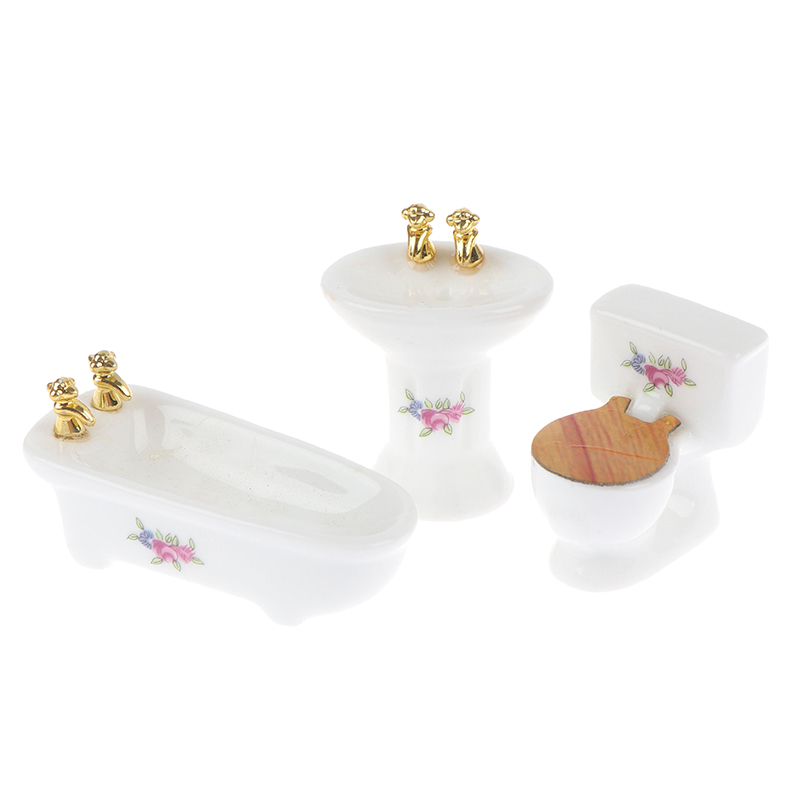 3Pcs 1:24 Dollhouse Miniature Bathroom Set Porcelain Bathtub Toilet Sink Gr-qk - Picture 7 of 15