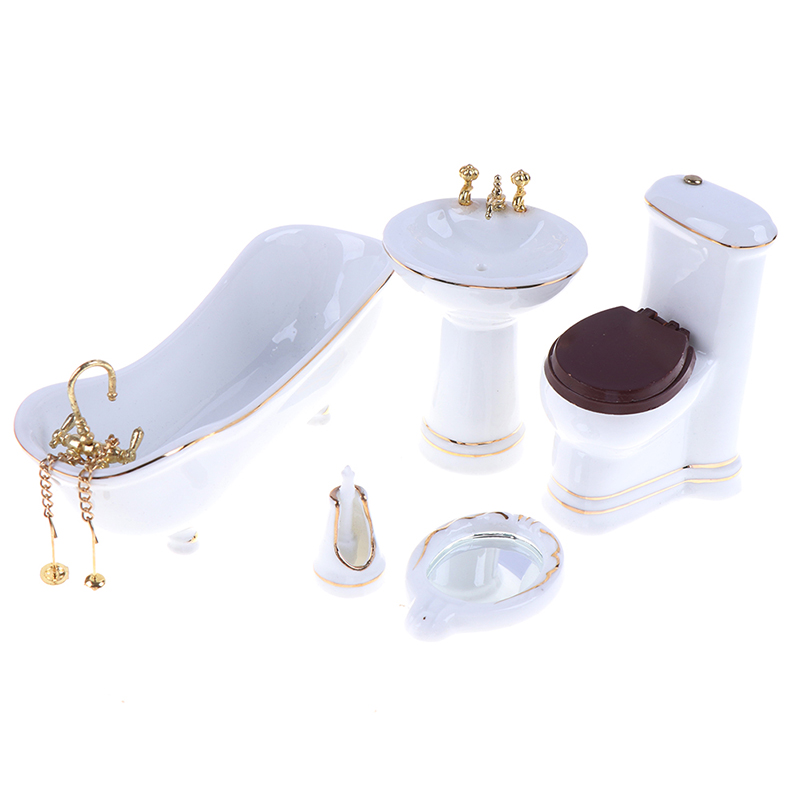 5Pcs 1:12 Dollhouse Miniature Porcelain Bathroom Set Toilet Basin Bathtub Mir Pe 5Pcs 1:12 Dollhouse Miniature Porcelain Bathroom Set Toilet Basin Bathtub Mir Pe