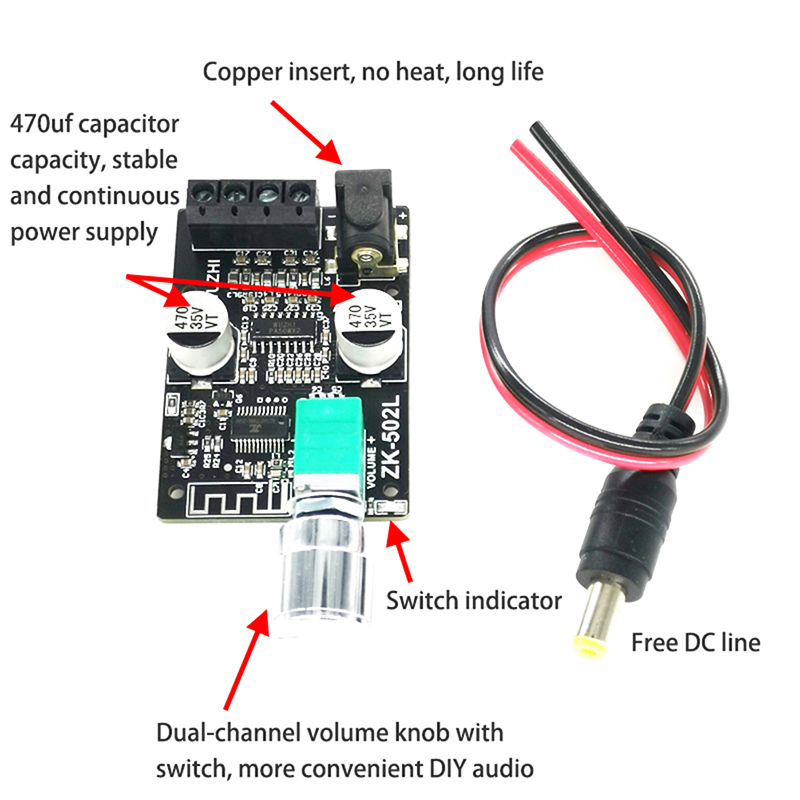 ZK-502L MINI 5.0 Bluetooth Amplifier Board Wireless Audio Digital Power 2 ^l MB - Picture 8 of 12