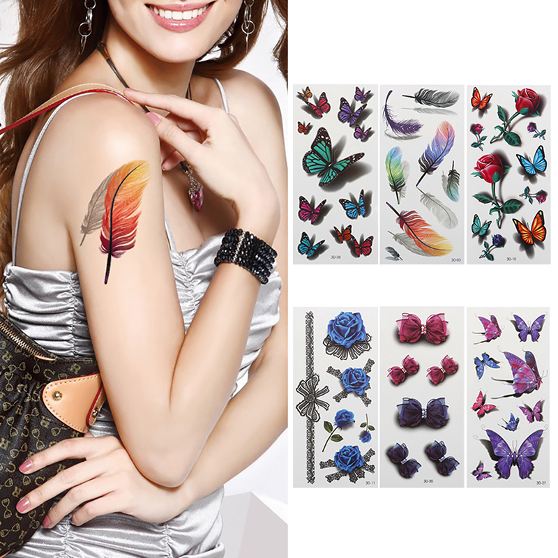 TEMPORARY TATTOO STICKER Body Art 3D Butterfly Rose Feather Tattoo