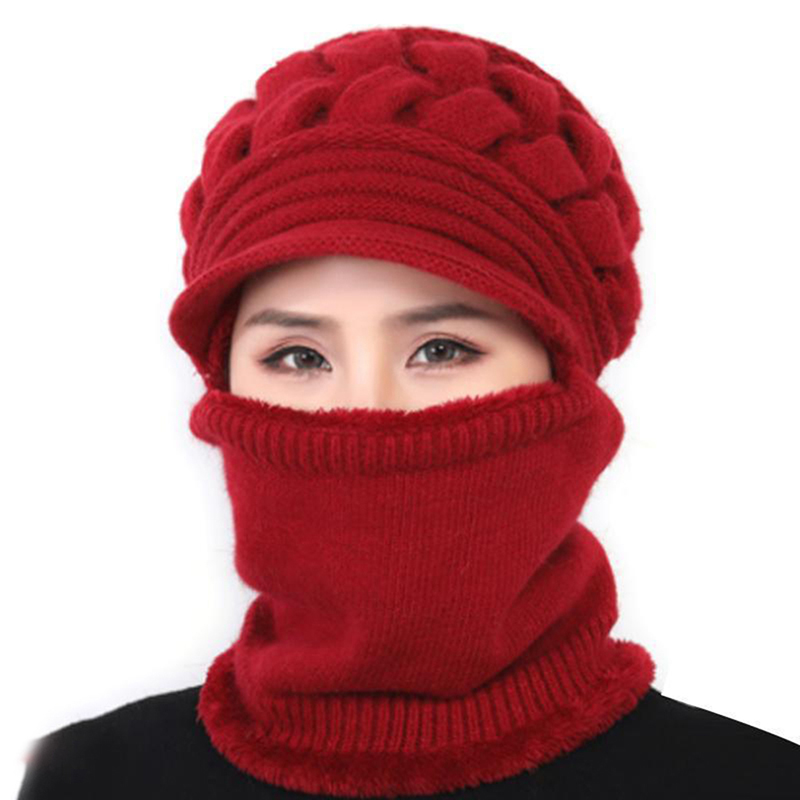 Winter Female Lady Woolen Hat Thickening Warm Knit Beanie Scarf Crochet ...