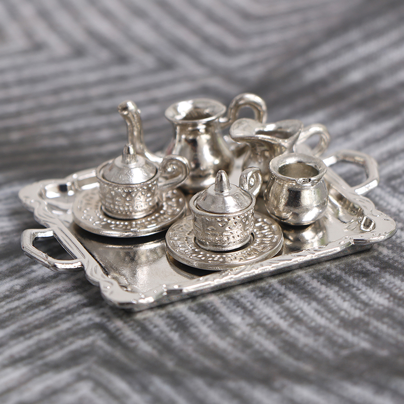 Set di stoviglie per vassoio da tè e caffè in metallo argentato in miniatur Pe