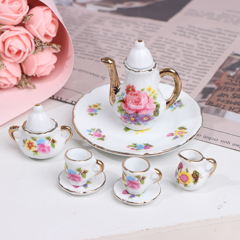 8Pcs/set Dollhouse Kitchen Flowers Printing Porcelain Miniature Coffee Tea BIBI