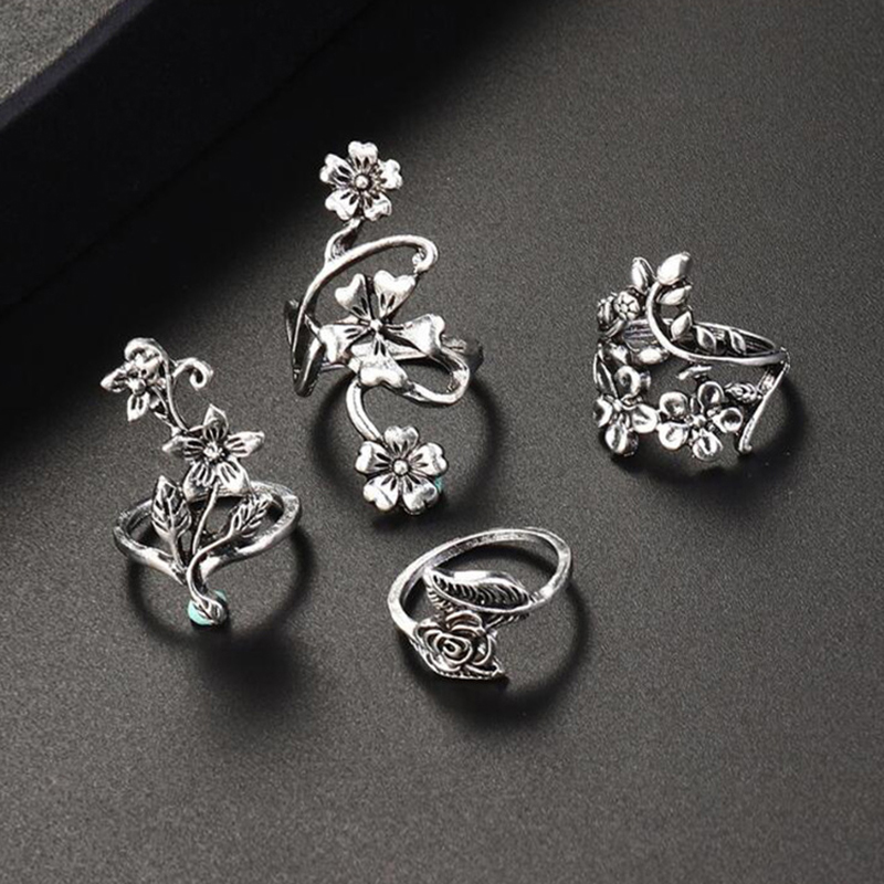 4pcs Antique Silver Bohemia Ring Set Rose Flower Rings for Women Charm R;db 4pcs Antique Silver Bohemia Ring Set Rose Flower Rings for Women Charm R;db