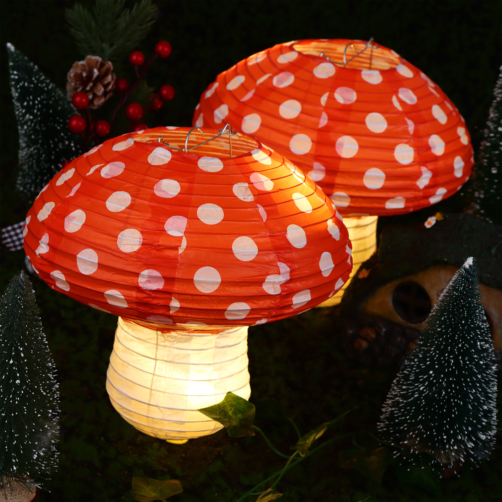 9 Pcs Mushroom Shaped 3D Mushroom Hanging Lantern Artificial Ivy with Led Light