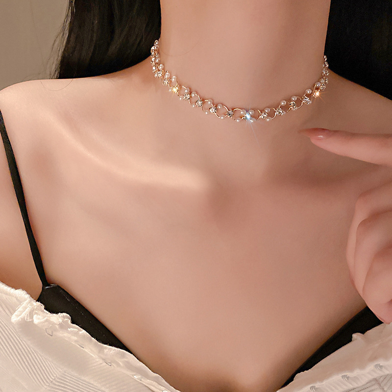 New Korea Fashion Choker Necklace Inlaid Rhinestone Pearl Necklace Women  Jew F❤J