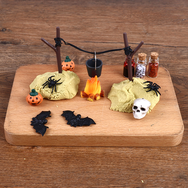 1Set 1:12 Dollhouse Halloween Horror Decor Toy Bat Skull Broom Spider ...