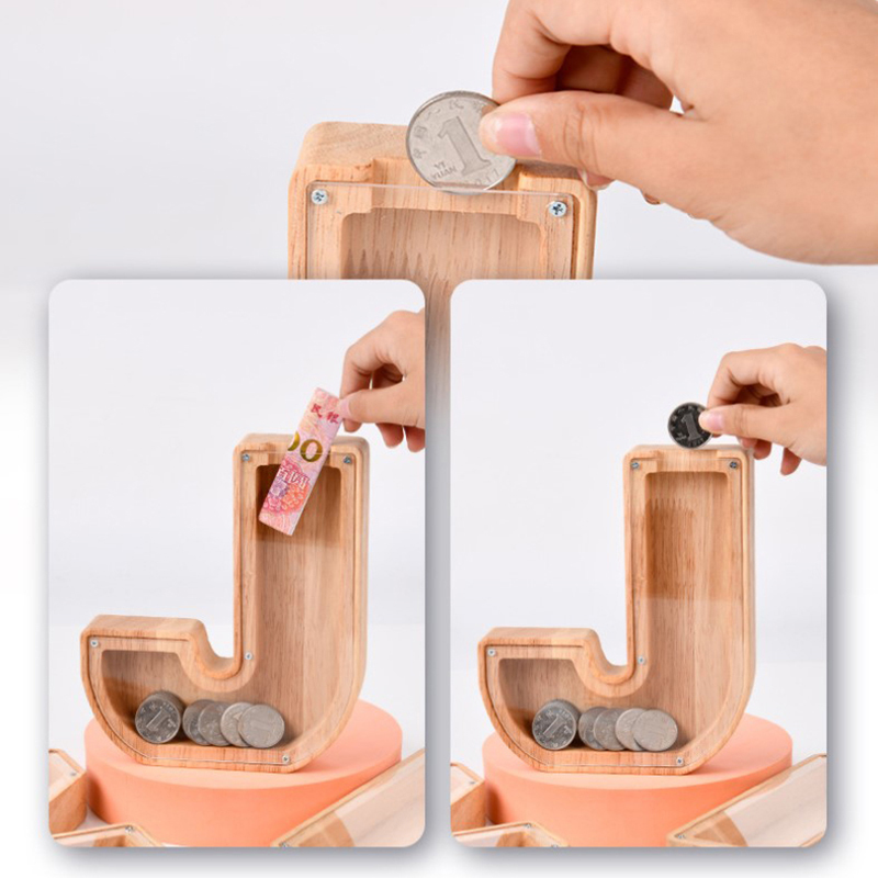 26 Letters Piggy Bank Wooden Coin Money Saving Box Jar Coins Storage Box TQ WIN
