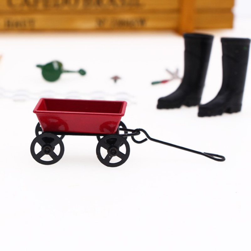 Metal Red Small Pulling Cart 1:12 Mini Cute Dollhouse Toy Gifts Ornament Garden - Picture 8 of 8
