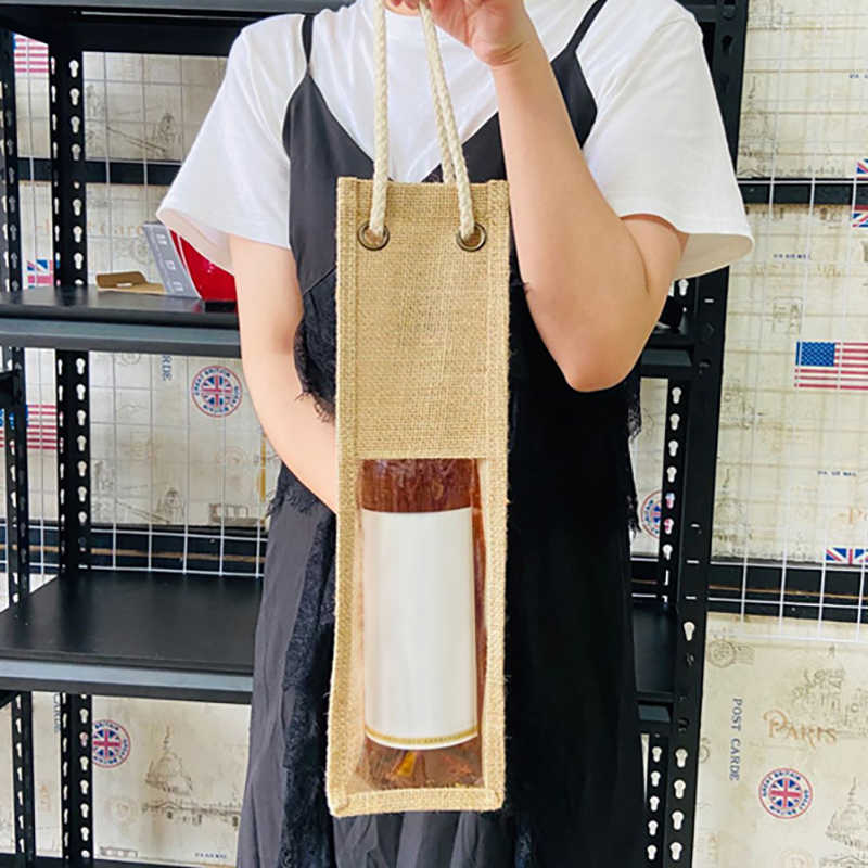 Jute Red Wine Cover Reinforced Handle Wine Bottle Pouch Red Wine Bottle Tote Bag