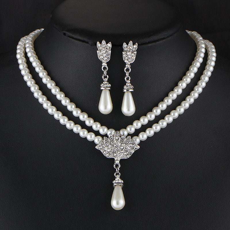 Elegant Simulated-pearl Bridal Jewelry Sets Rhinestone Pearl Necklace+Earrings - Picture 1 of 8