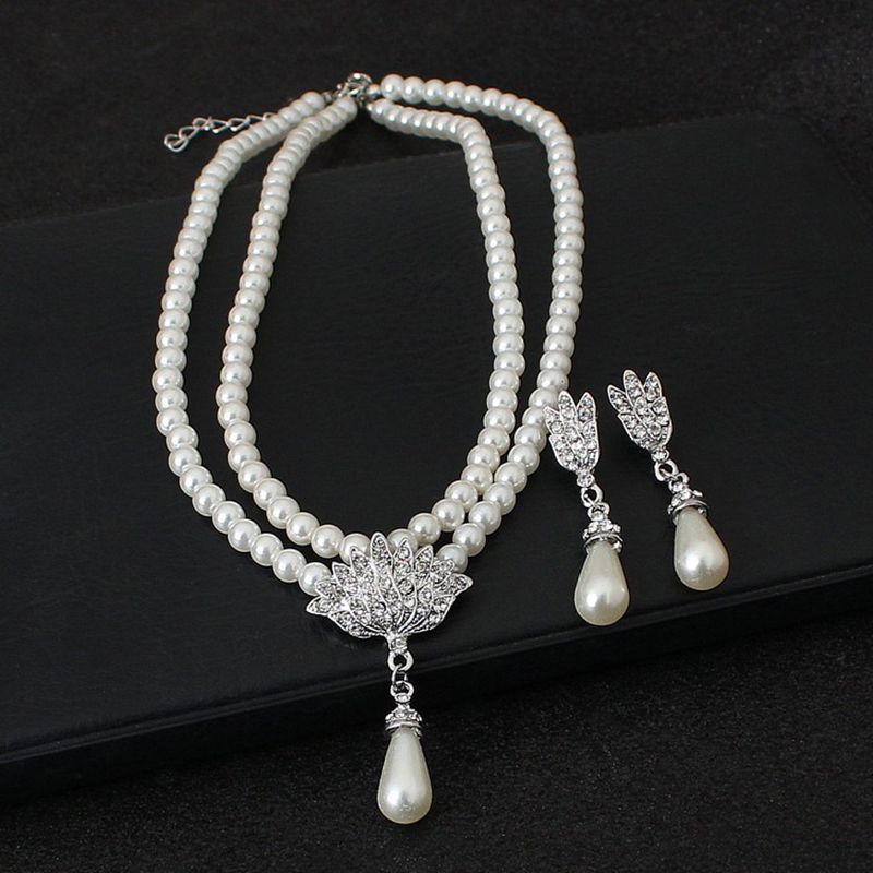 Elegant Simulated-pearl Bridal Jewelry Sets Rhinestone Pearl Necklace+Earrings - Picture 7 of 8