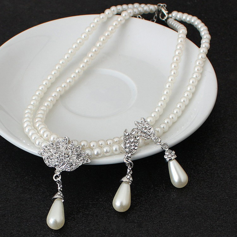 Elegant Simulated-pearl Bridal Jewelry Sets Rhinestone Pearl Necklace+Earrings - Picture 8 of 8