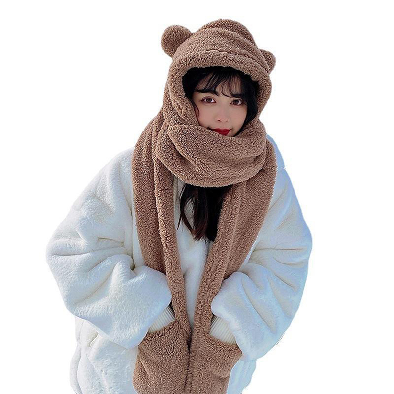 Cute Bear Ear Hat Scarf Gloves 3-in-1 Winter Warm Cap Women Windproof ...