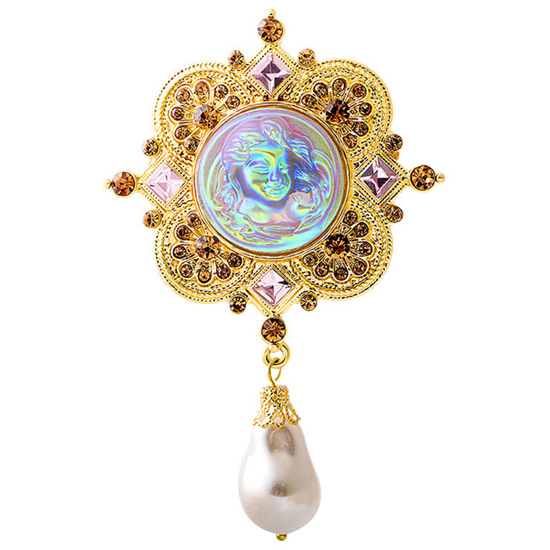 Retro Medieval Brooch Colorful Translucent Imitation Glass Baroque