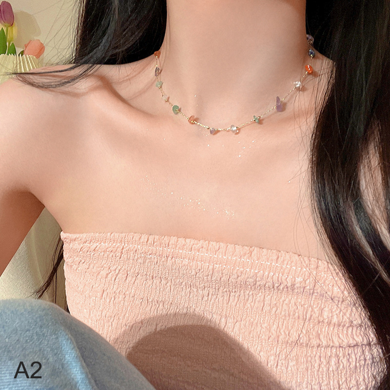 Korean Simple Colored Stone Chain Necklace For Women Golden Party Beach Clavi yn