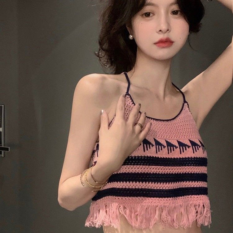 Halter Tassel Camis Women Knitted Crop Tops Vintage Hotsweet Chic Summer Halter Tassel Camis Women Knitted Crop Tops Vintage Hotsweet Chic Summer