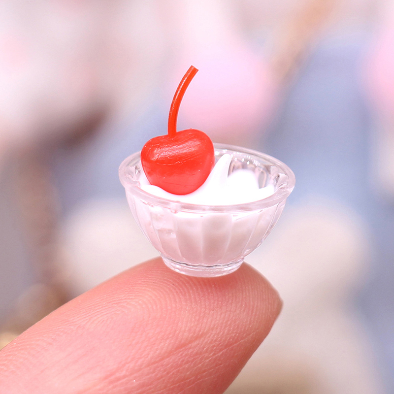 1set 1:12 Dollhouse Miniature Cerry Cream Crème Wspoon Ice Cream Bowl Decor -wf