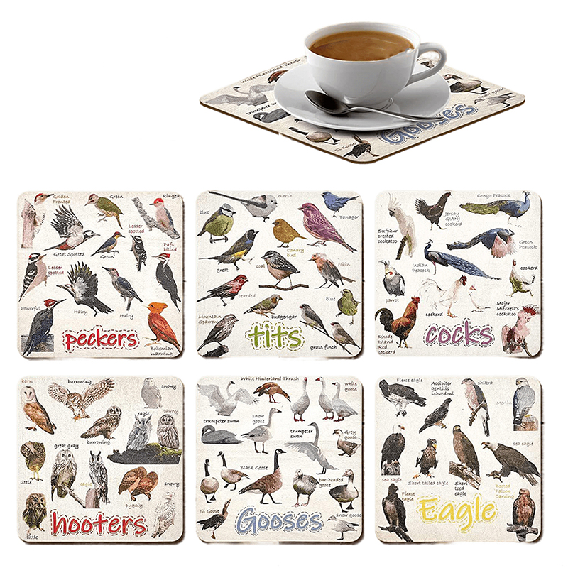 Set of 6 Bird Pun Coasters, Bird Pun Coasters for Drinks, Square Coaster Set GF - Picture 2 of 11