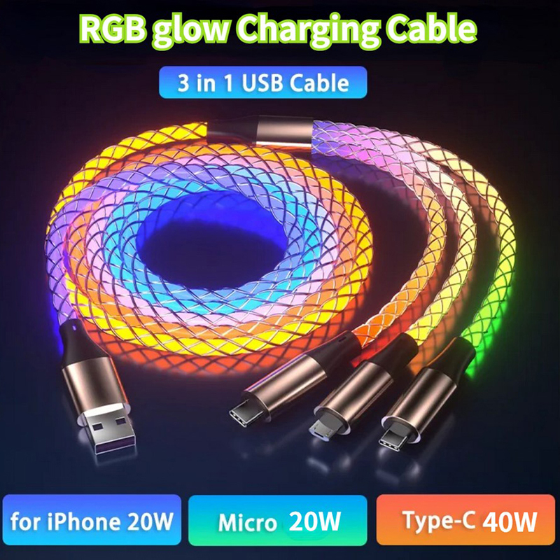 Glowing LED Light Cable 3 in 1 Fast Charging Cord Type C Micro USB For ...