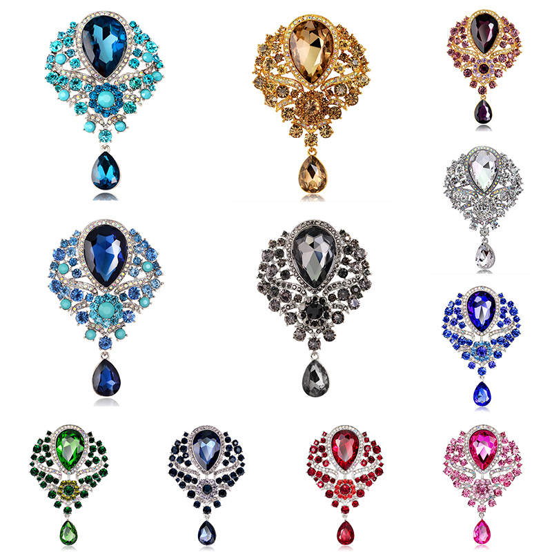 Large Crystal Water-drop Brooches for Women Vintage Fashion Pendant Style PiYYU