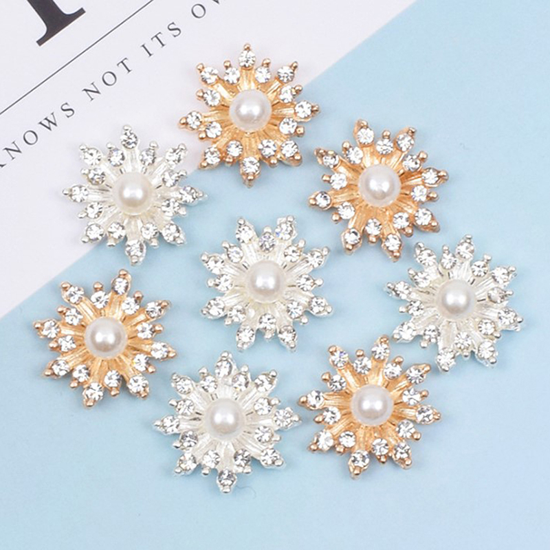10pcs Snowflake Cabochon Pearl Metal Base Strass Glitter Rhinestone ButtoRI