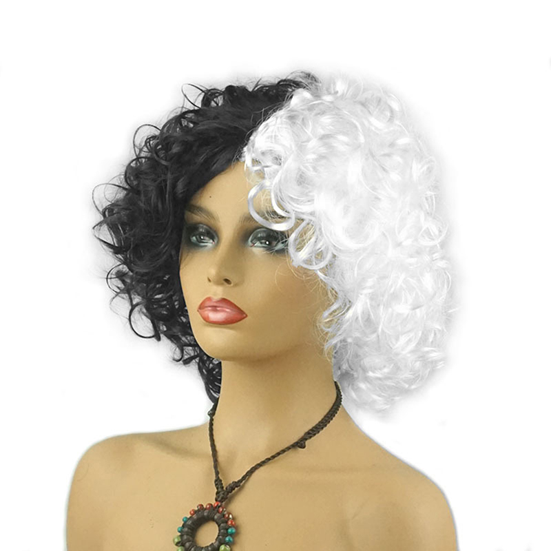 Movie Cruella Black and White Short Curly Wig Heat Resistant Synthetic Hair -qi