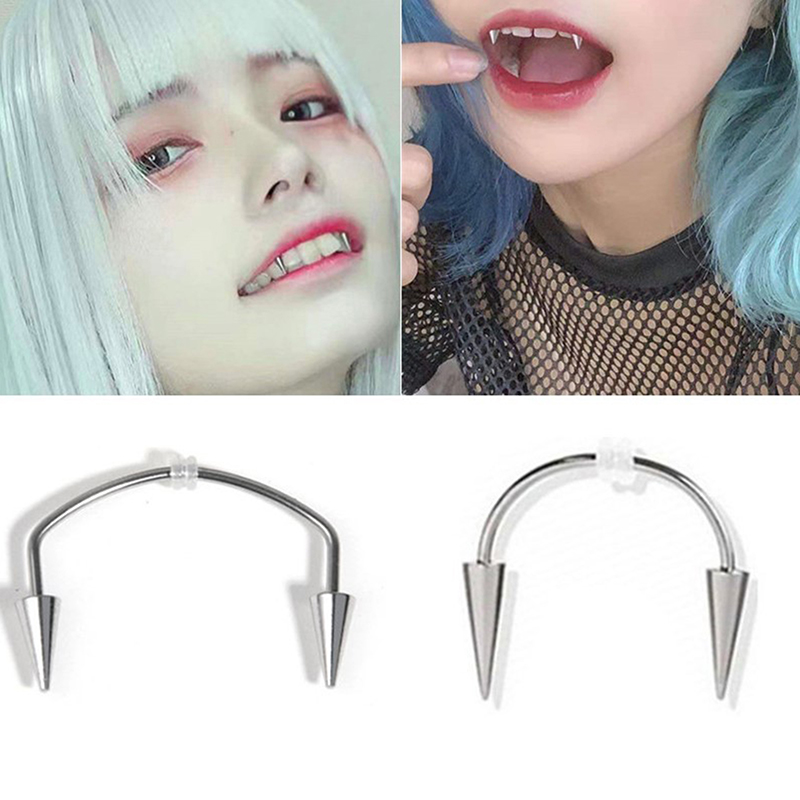 1PC Titanium Steel C Rod Vampire Fangs Tooth Lips Piercing Punk Spiked Jewe KdBA