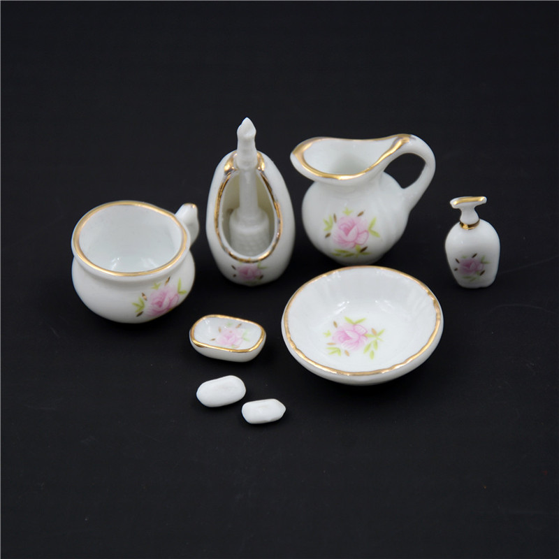8x 1/12 Miniature Dollhouse Bathroom Accessories Set Floral Ceramic Mini De LM❤