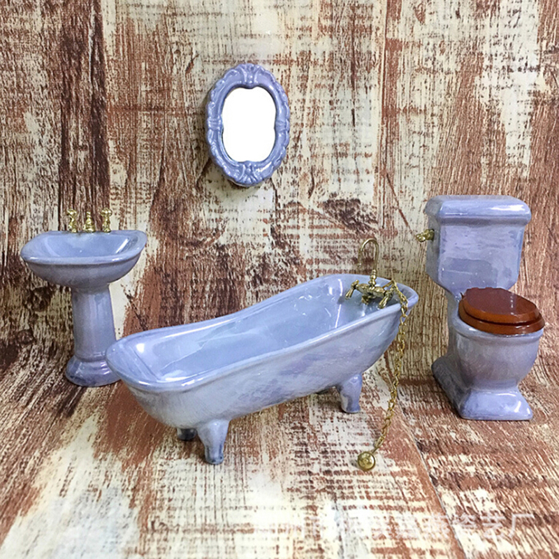 1:12 Dollhouse miniature blue porcelain bathroom set toilet basin bathtub _XI Z4 1:12 Dollhouse miniature blue porcelain bathroom set toilet basin bathtub _XI Z4