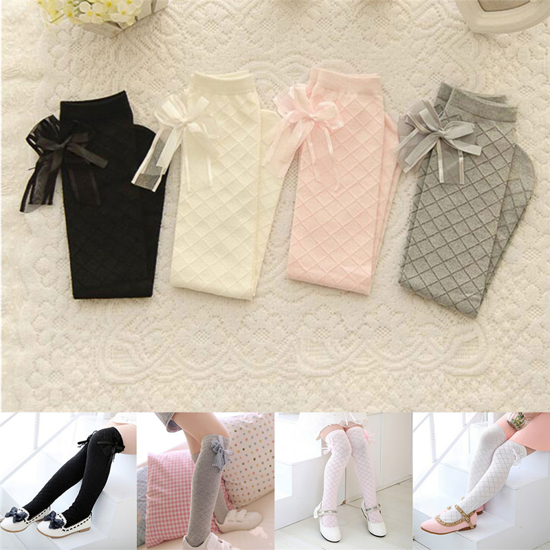 Girl Classic Kids Cotton Socks Tights School High Knee Gridding Bow Stockings-b - Picture 7 of 16