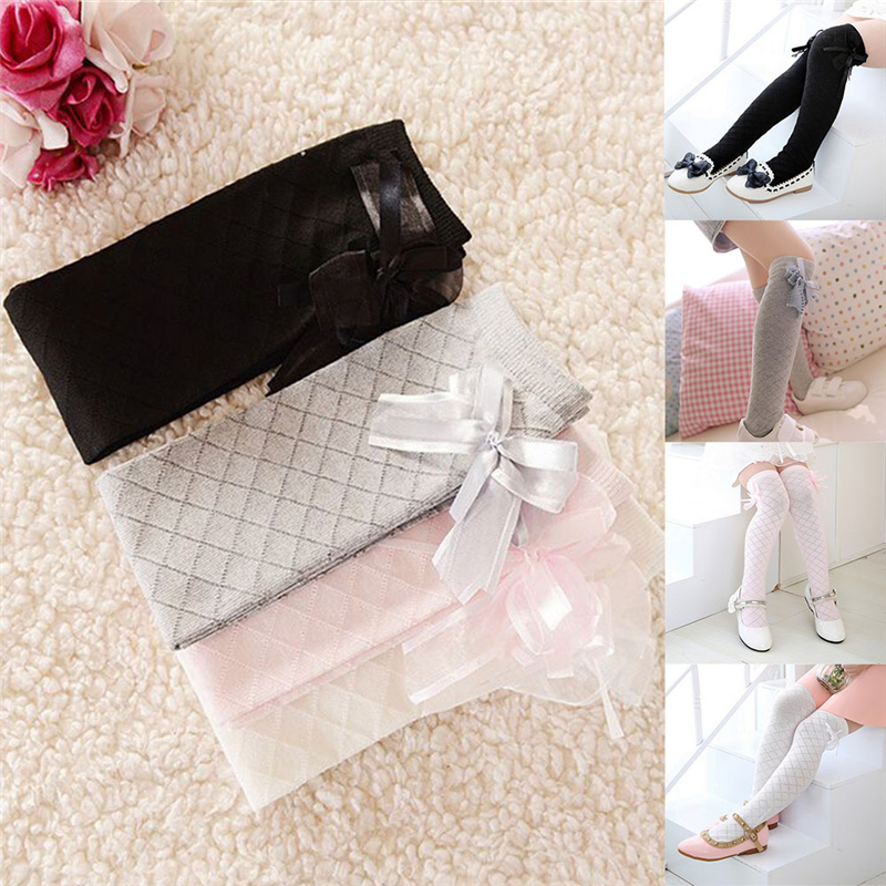 Girl Classic Kids Cotton Socks Tights School High Knee Gridding Bow Stockings-b - Picture 9 of 16