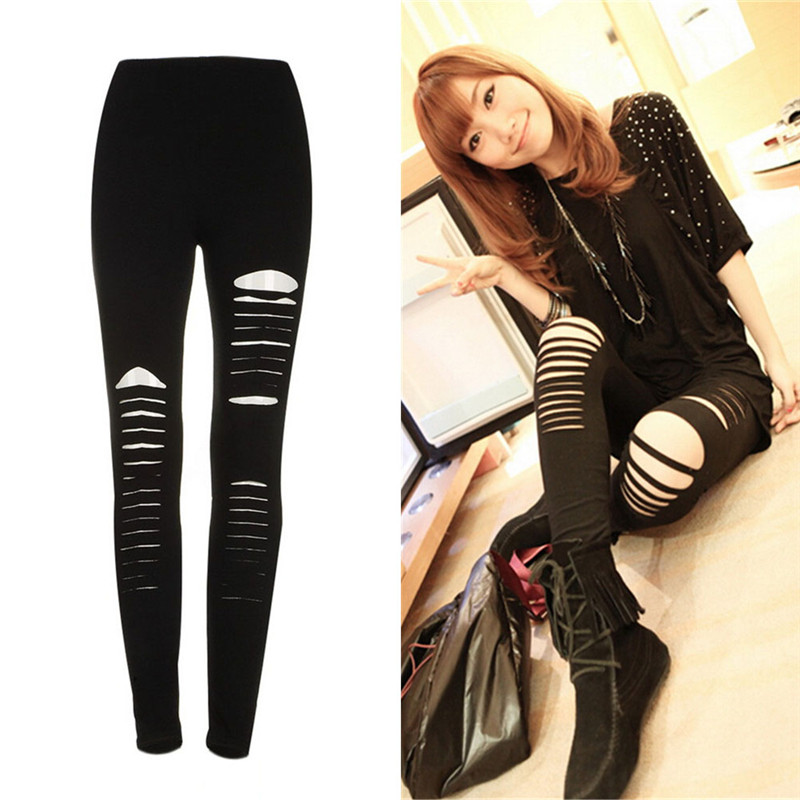 Sexy Black Punk Ripped Torn Slashed Cut Striped Leggings Pants Gothic Cl*d* - Picture 8 of 11