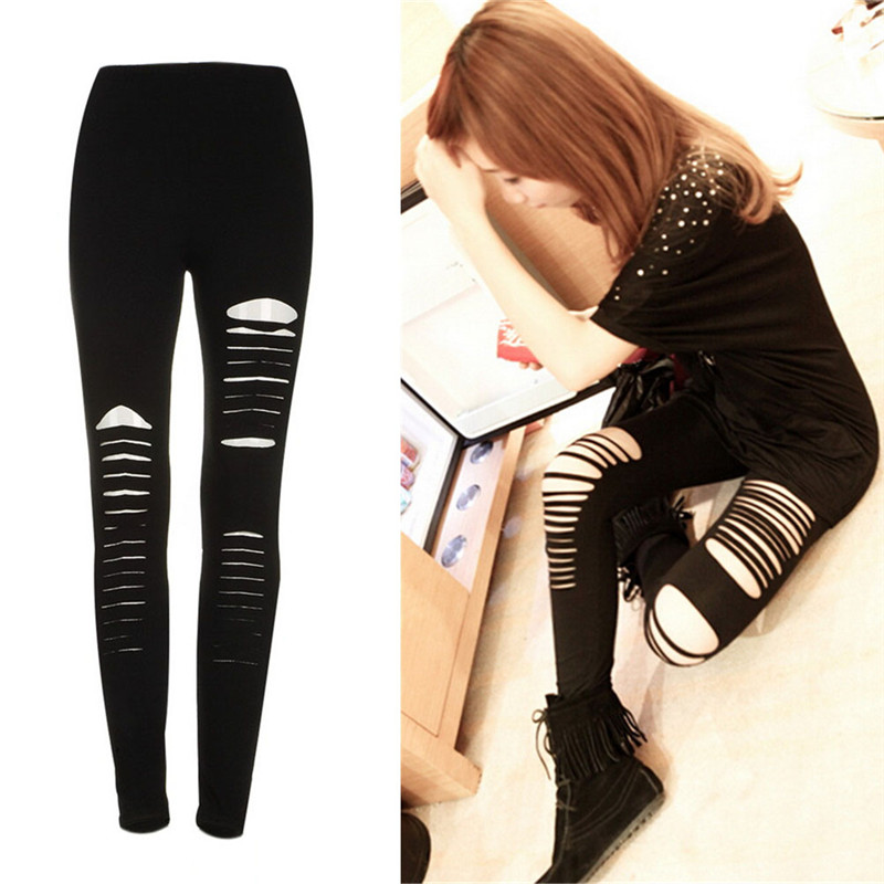 Sexy Black Punk Ripped Torn Slashed Cut Striped Leggings Pants Gothic Cl*d* - Picture 9 of 11