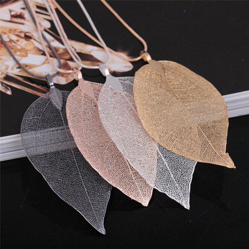 Unique Women Fashion Jewelry Simple Leaf Sweater Pendant Long Chain Necklace -qk
