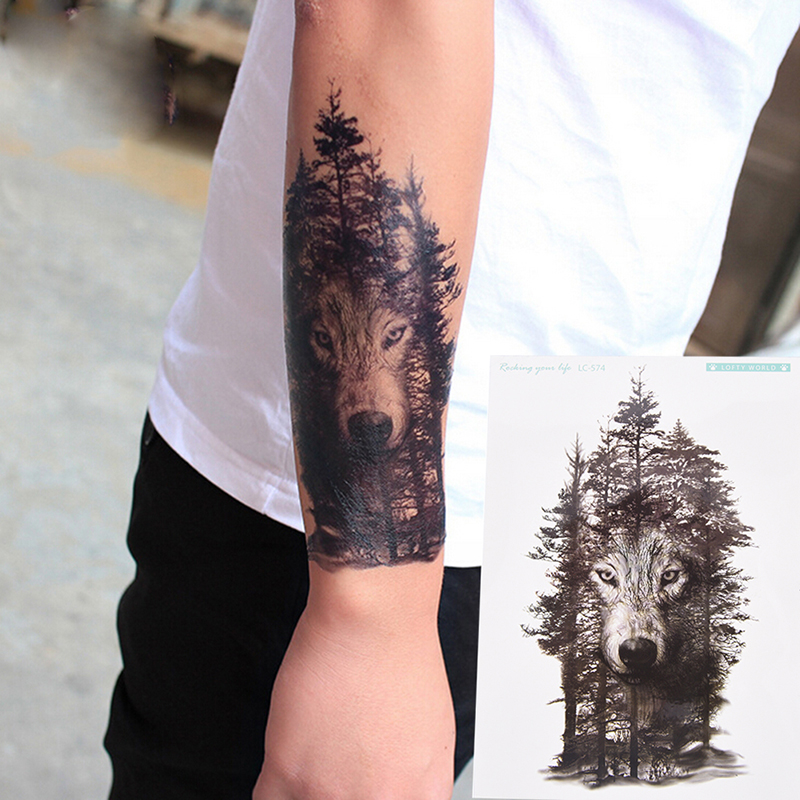 Waterproof Temporary Fake Tattoo Stickers Grey Forest Wolf Animals Larg TP-wq
